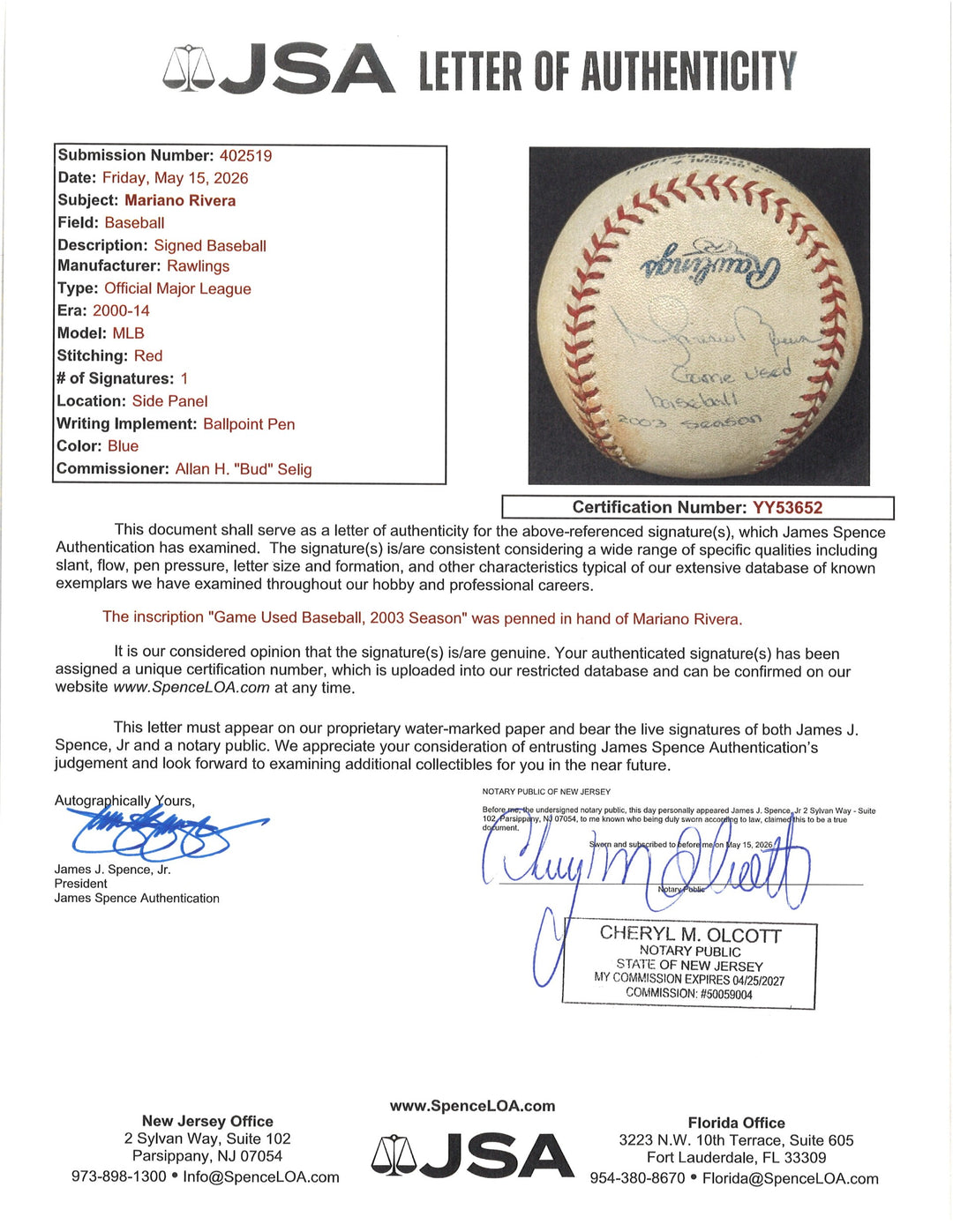 Mariano Rivera Yankees Autographed Inscribed Game Used OMLB Baseball JSA LOA