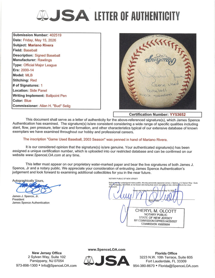 Mariano Rivera Yankees Autographed Inscribed Game Used OMLB Baseball JSA LOA