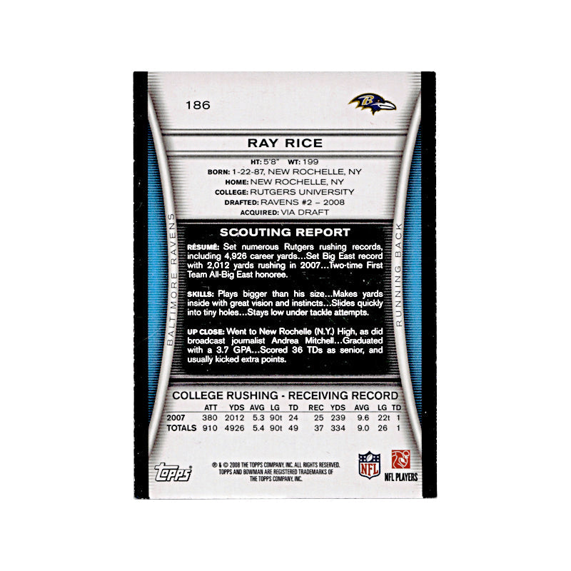 2008 Bowman Ray Rice Autograph Auto Signed Signature Baltimore Ravens