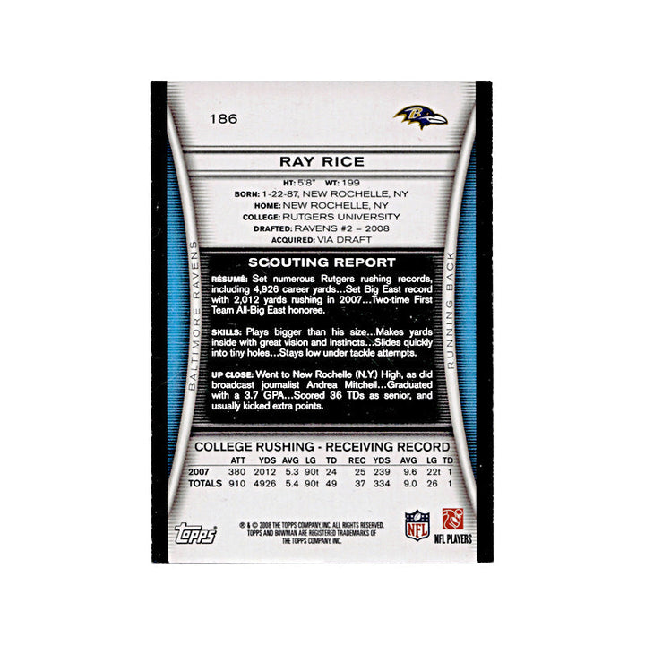 2008 Bowman Ray Rice Autograph Auto Signed Signature Baltimore Ravens