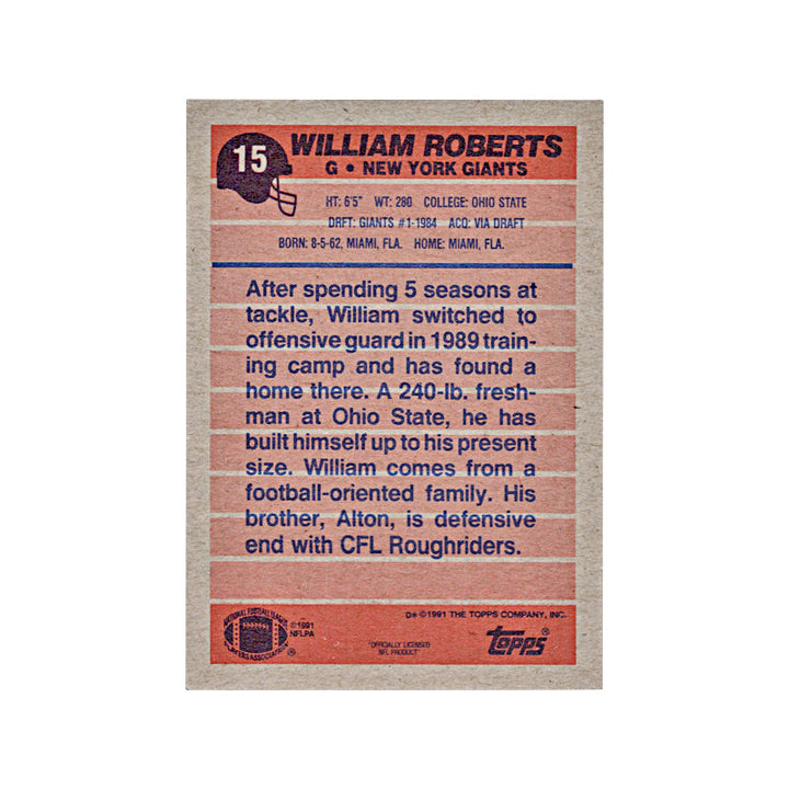 1991 Topps William Roberts Autograph Auto Signed Signature New York Giants