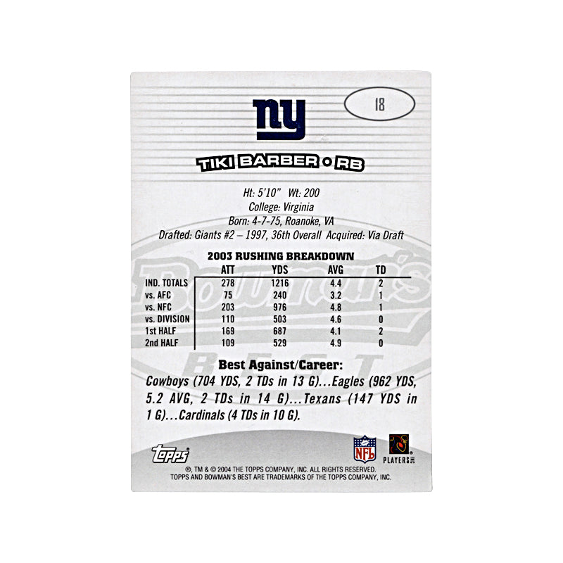 2004 Bowman's Best Tiki Barber Autograph Auto Signed Signature New York Giants