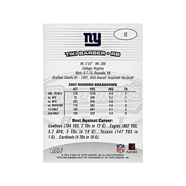 2004 Bowman's Best Tiki Barber Autograph Auto Signed Signature New York Giants