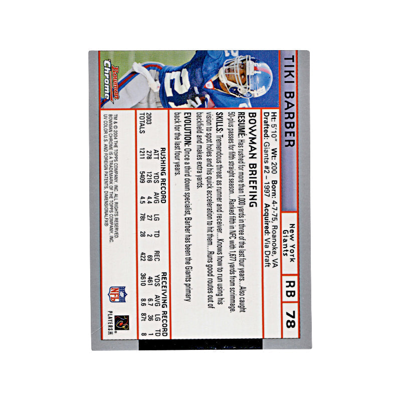 2004 Bowman Chrome Tiki Barber Autograph (Fading) Auto Signed Signature Giants