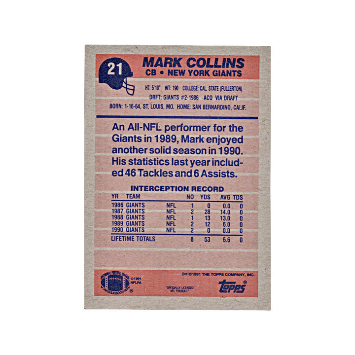 1991 Topps Mark Collins Autograph Auto Signed Signature New York Giants