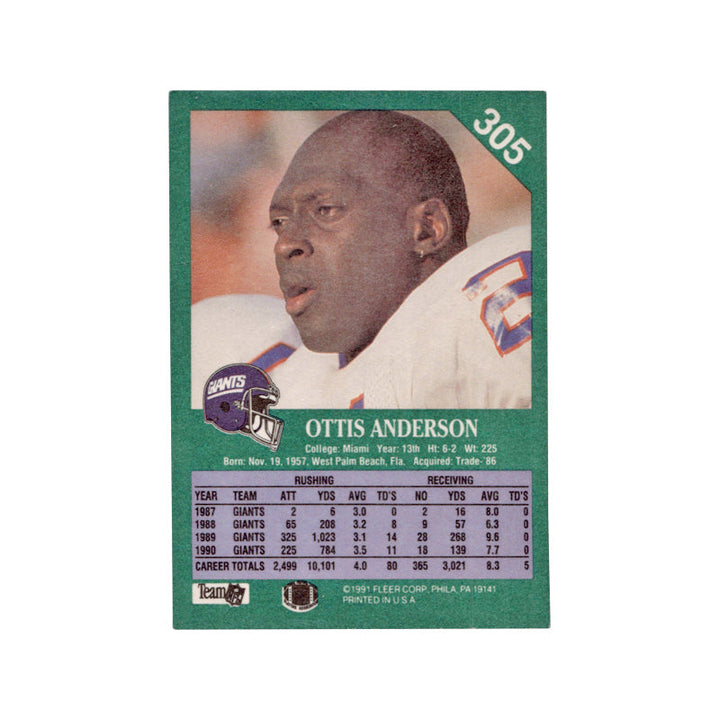 1991 Fleer Ottis Anderson Autograph Auto Signed Signature New York Giants