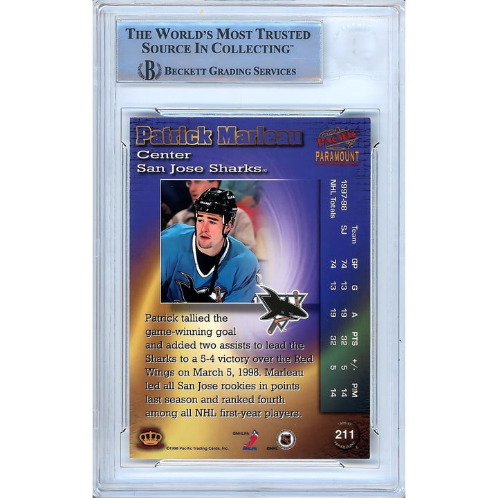 Patrick Marleau San Jose Sharks Signed 1998-99 Paramount Copper Card Beckett Auth Auto
