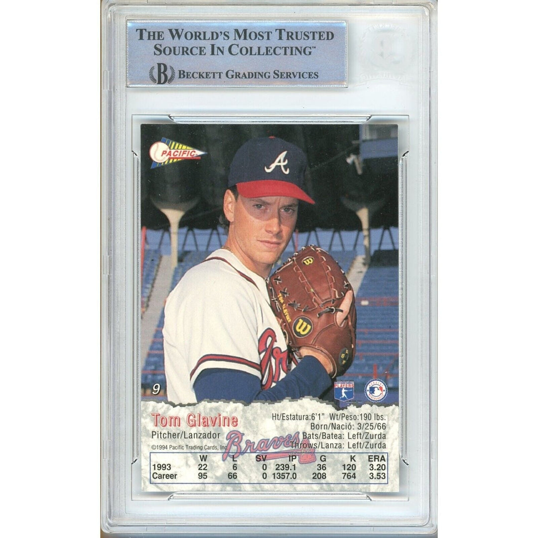Baseballs- Autographed- Tom Glavine Atlanta Braves Signed 1994 Pacific Trading Card Beckett Authentic Auto Slab Back