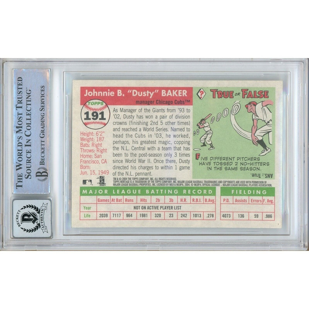 Dusty Baker Chicago Cubs Signed 2004 Topps Heritage Card BGS Auto 10 Graded Slab