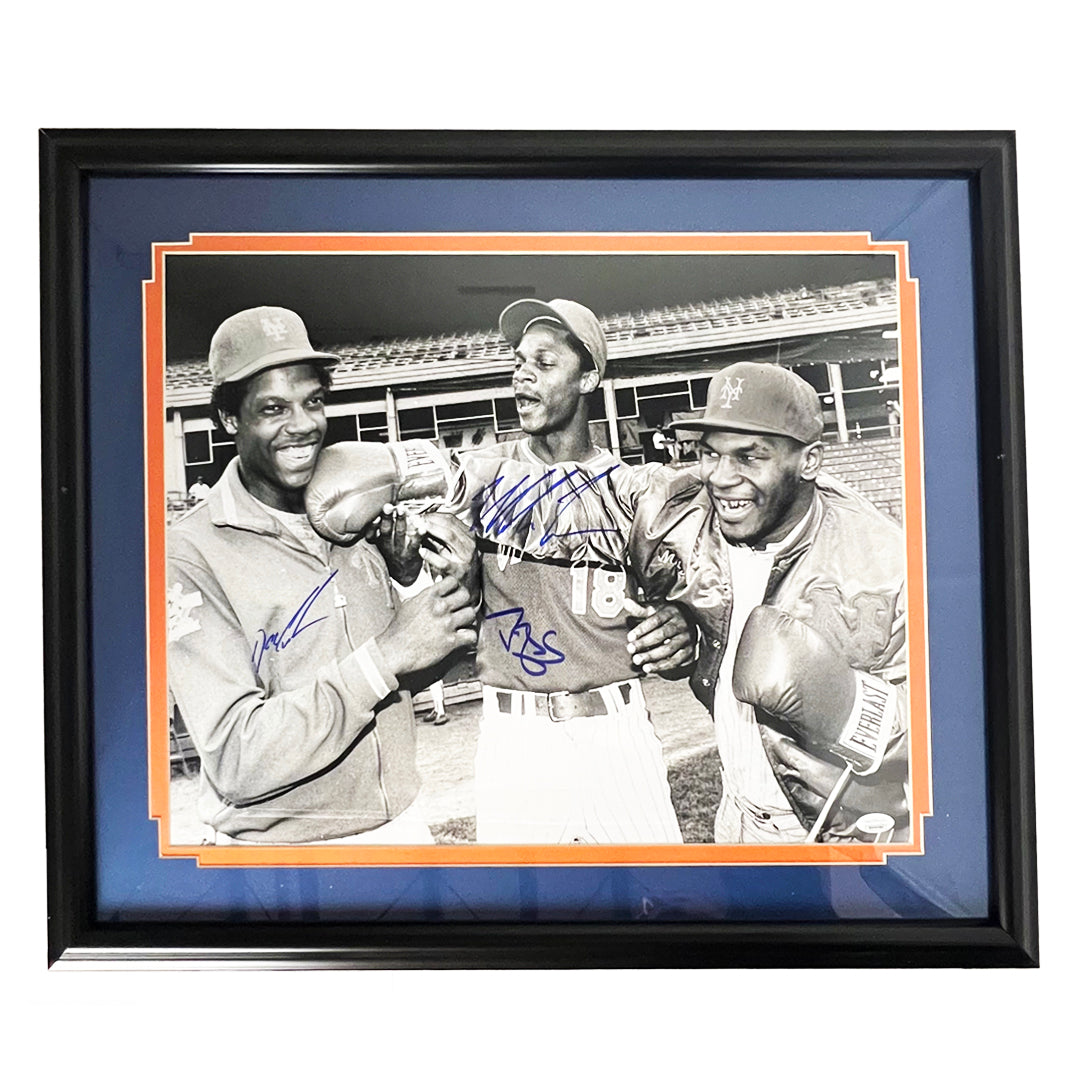 Dwight Gooden, Darryl Strawberry, Mike Tyson Signed Pose 2 Black & White 16x20 Framed Photo (JSA)