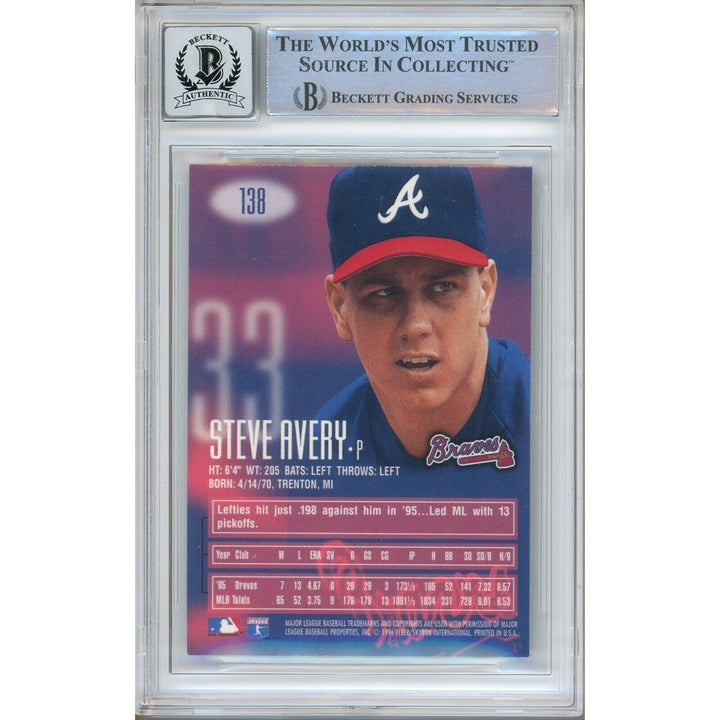 Baseballs- Autographed- Steve Avery Atlanta Braves Signed 1996 Skybox Emotion-XL Trading Card Beckett Authentic BGS Auto-10 Graded Slab Back