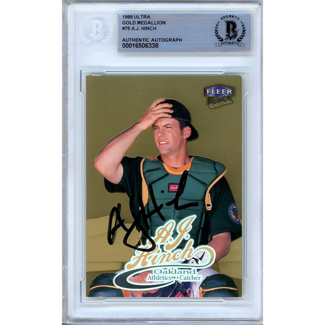 AJ Hinch Oakland Athletics Signed 1999 Ultra Gold Medallion #75 BAS Auth Auto Slab