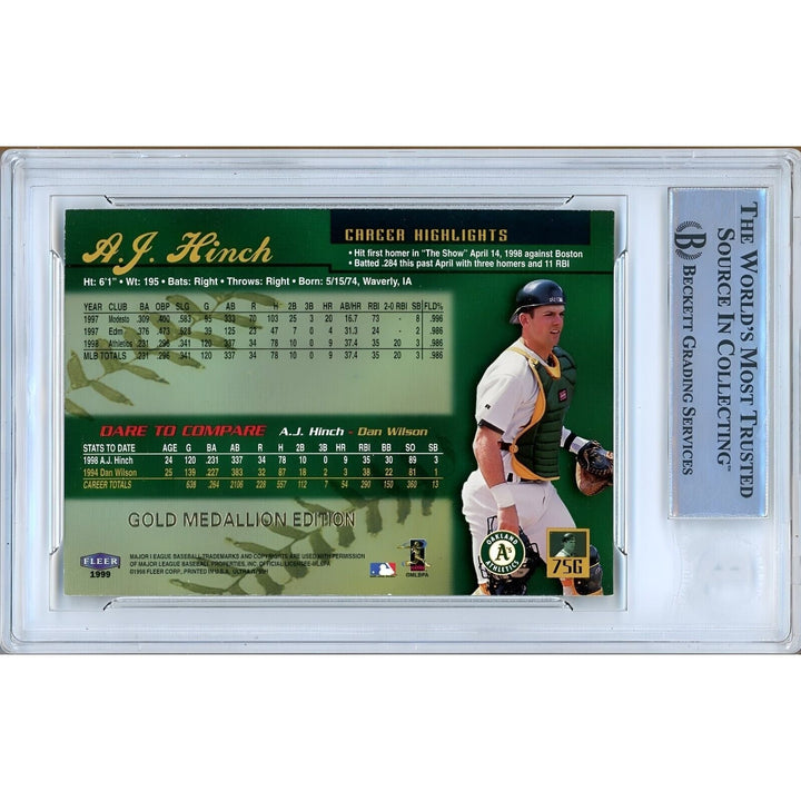 AJ Hinch Oakland Athletics Signed 1999 Ultra Gold Medallion #75 BAS Auth Auto Slab
