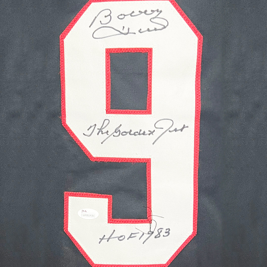 Bobby Hull Signed The Golden Jet, HOF 1983 Inscription Chicago Black Hockey Jersey (JSA)