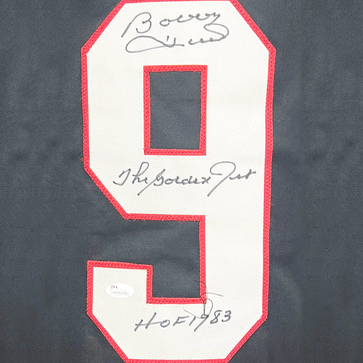 Bobby Hull Signed The Golden Jet, HOF 1983 Inscription Chicago Black Hockey Jersey (JSA)