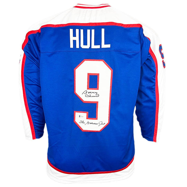 Bobby Hull Signed The Golden Jet Inscription Winnipeg Blue Hockey Jersey (Beckett)