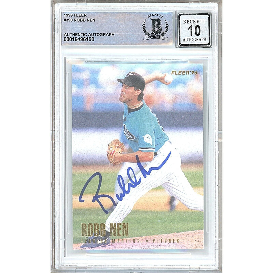 Baseballs- Autographed- Robb Nen Miami Marlins Signed 1997 Fleer Trading Card Beckett Authentic BGS Auto-10 Graded Slab Front