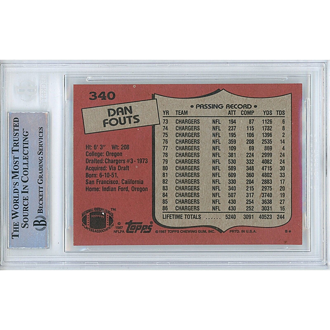 Dan Fouts San Diego Chargers Signed 1987 Topps Football Card Beckett Auth Auto Slab HOF