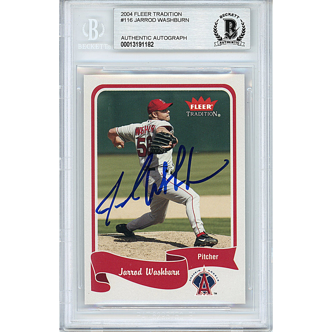 Jarrod Washburn Signed LA Angels 2004 Fleer Tradition Baseball Card Beckett Auth Slab