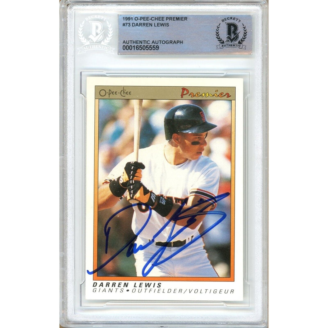 Darren Lewis San Francisco Giants Signed 1991 O-Pee-Chee Card Beckett Auth Auto Slab