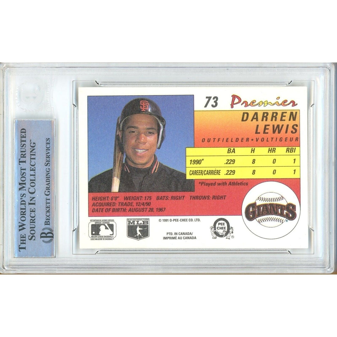 Darren Lewis San Francisco Giants Signed 1991 O-Pee-Chee Card Beckett Auth Auto Slab