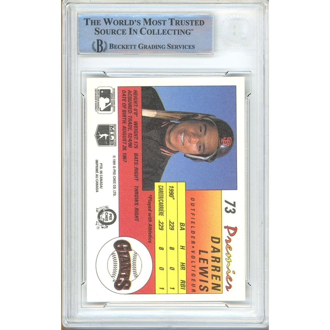 Darren Lewis San Francisco Giants Signed 1991 O-Pee-Chee Card Beckett Auth Auto Slab