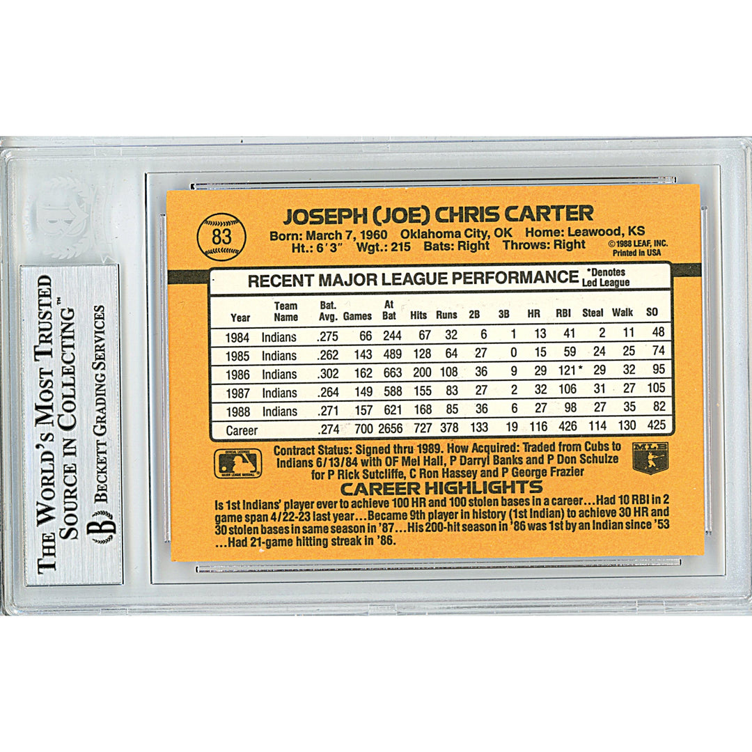 Joe Carter Signed Cleveland Indians 1989 Donruss Baseball Card Beckett Authentic Auto Slab
