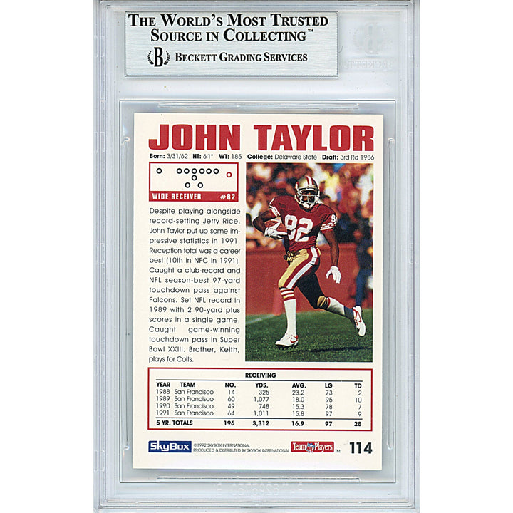 John Taylor Signed San Francisco 49ers 1992 Skybox Impact Football Card Beckett Slab