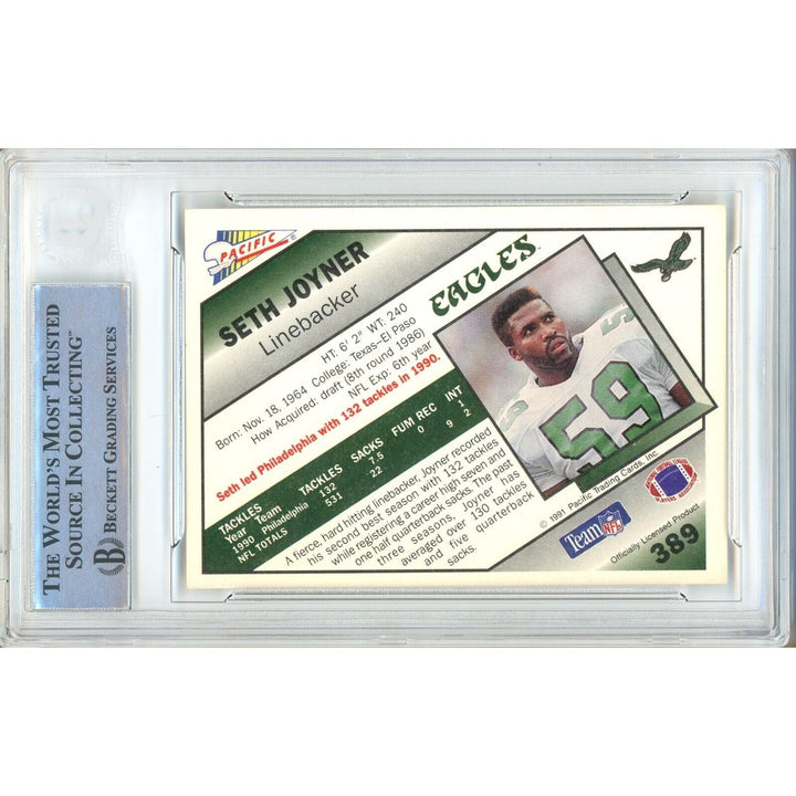 Footballs- Autographed- Seth Joyner Philadelphia Eagles Signed 1991 Pacific Trading Card Beckett Authentic Auto Slab Back
