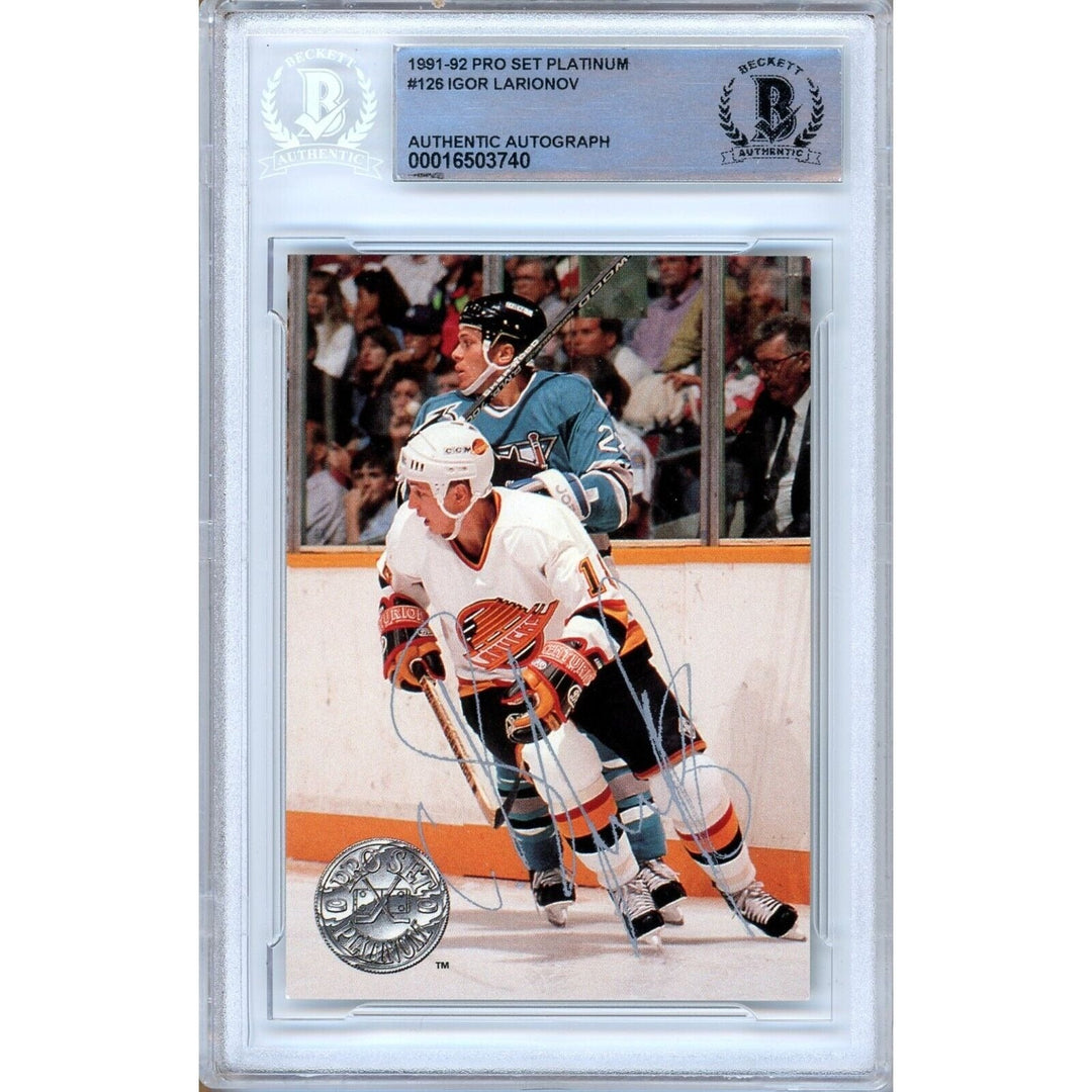 Igor Larionov Vancouver Canucks Signed 1991-92 Pro Set Platinum Card BAS Auth Auto