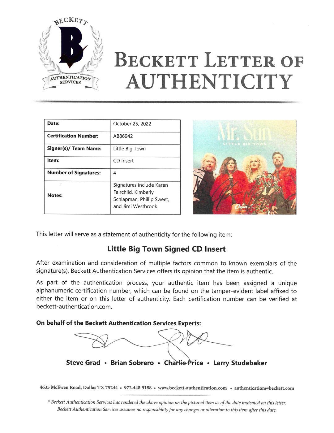 Little Big Town Autographed Mr Sun CD Cover Framed Wall Display Beckett Authentication