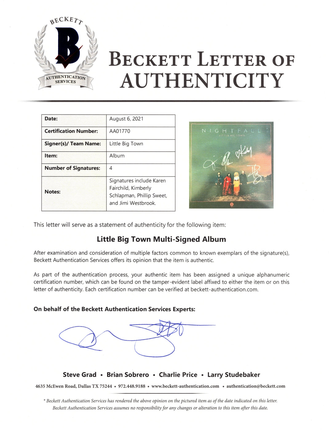 Little Big Town Band Signed Nightfall Vinyl LP Record Album Cover Beckett Certified