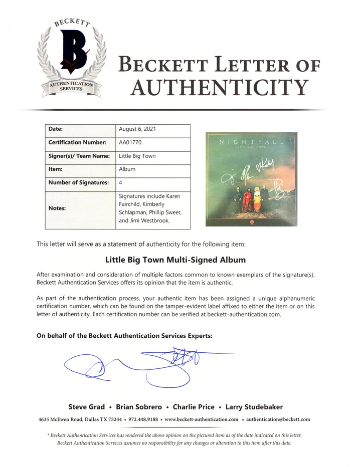 Little Big Town Band Signed Nightfall Vinyl LP Record Album Cover Beckett Certified