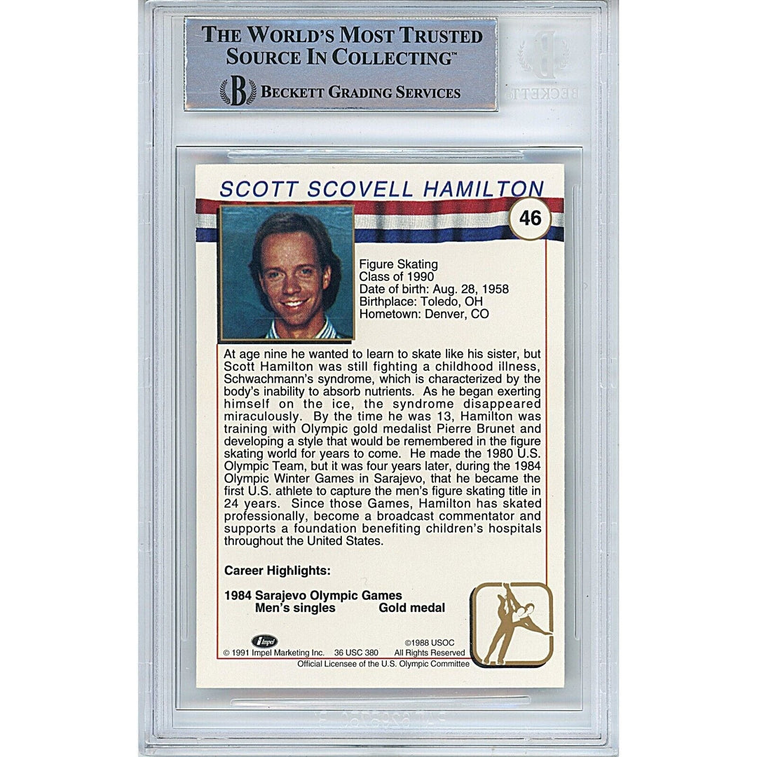 Olympics- Autographed- Scott Hamilton Team USA Signed 1991 Impel US Olympic HOF Trading Card Beckett Authentic Auto Slab Back
