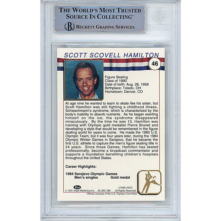 Olympics- Autographed- Scott Hamilton Team USA Signed 1991 Impel US Olympic HOF Trading Card Beckett Authentic Auto Slab Back
