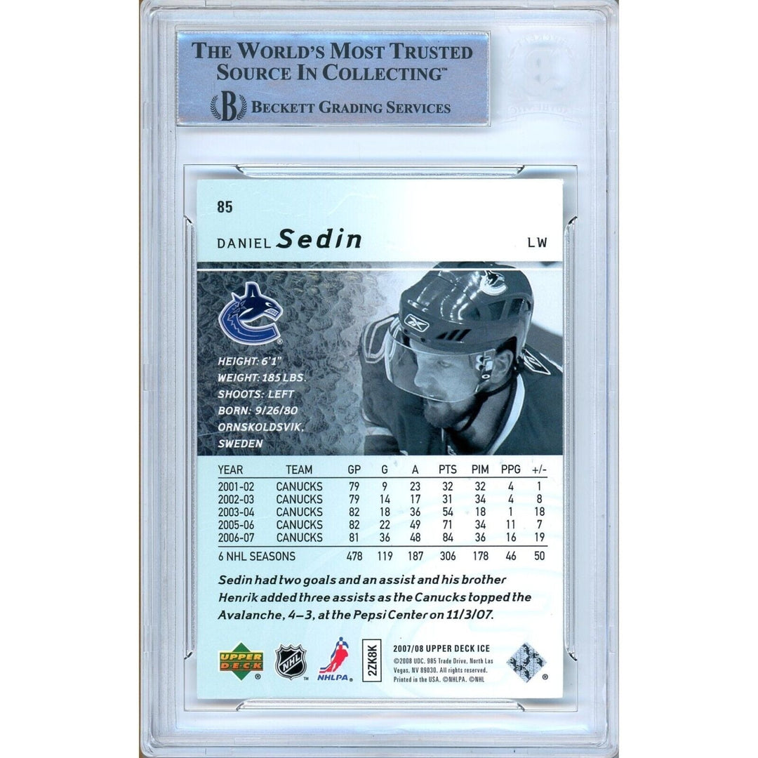 Daniel Sedin Vancouver Canucks Signed 2007-08 Upper Deck Ice Card BAS Auth Auto Slab