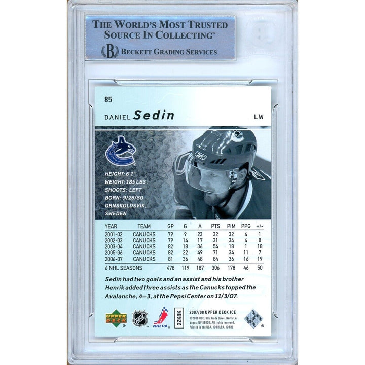 Daniel Sedin Vancouver Canucks Signed 2007-08 Upper Deck Ice Card BAS Auth Auto Slab