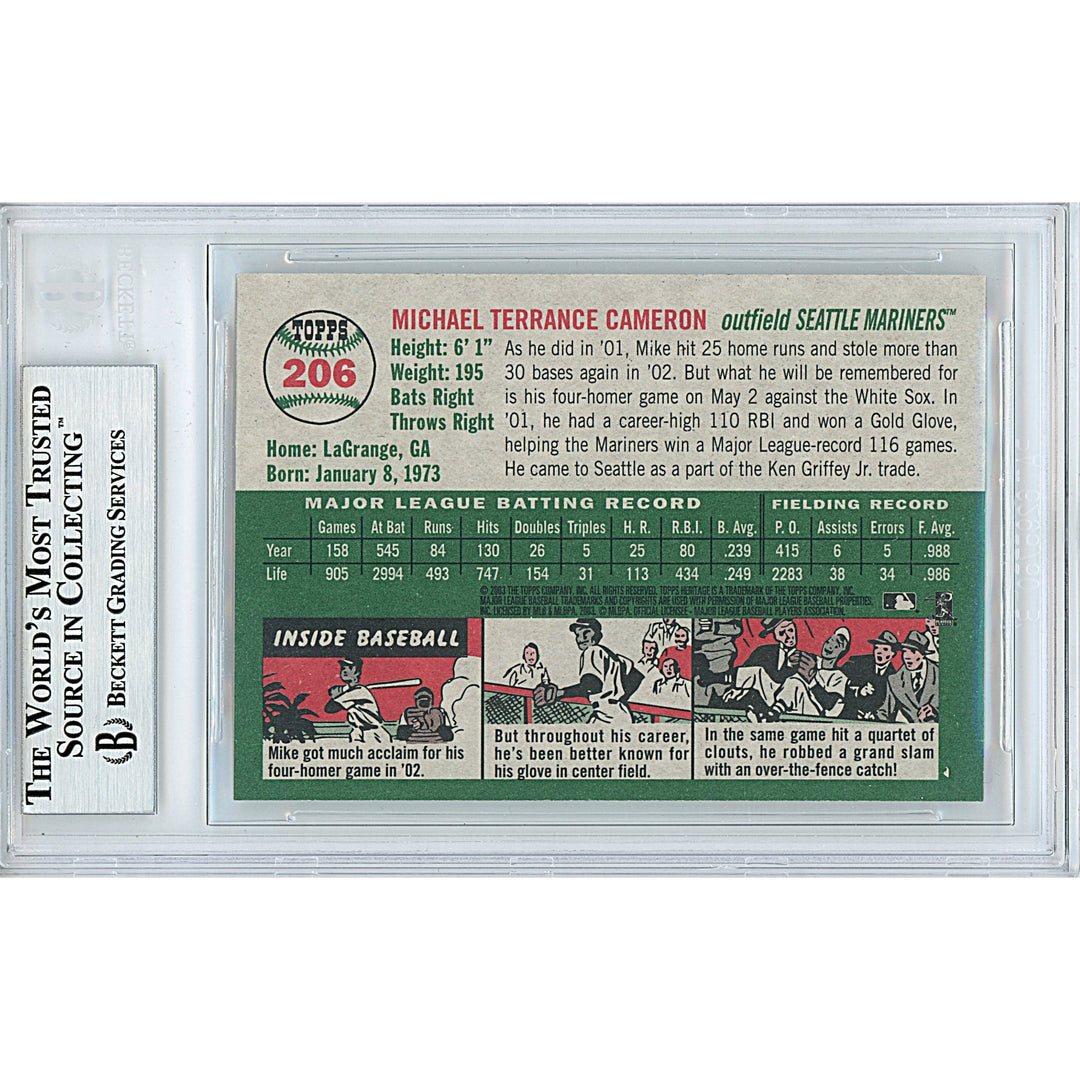 Mike Cameron Signed Seattle Mariners 2003 Topps Heritage Baseball Card Beckett Slab