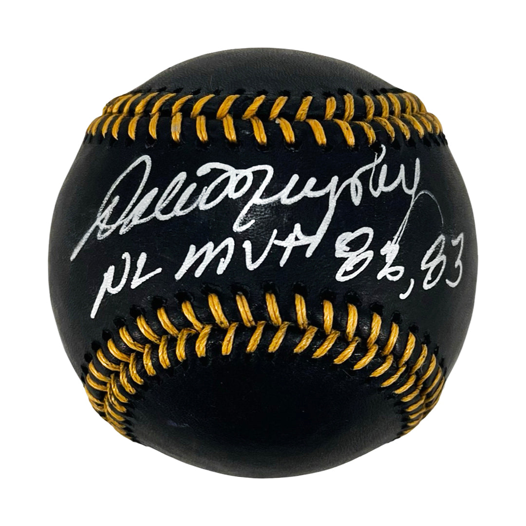 Dale Murphy Signed NL MVP 82,83 Inscription Rawlings Official Black & Gold Baseball Silver Ink (Beckett)