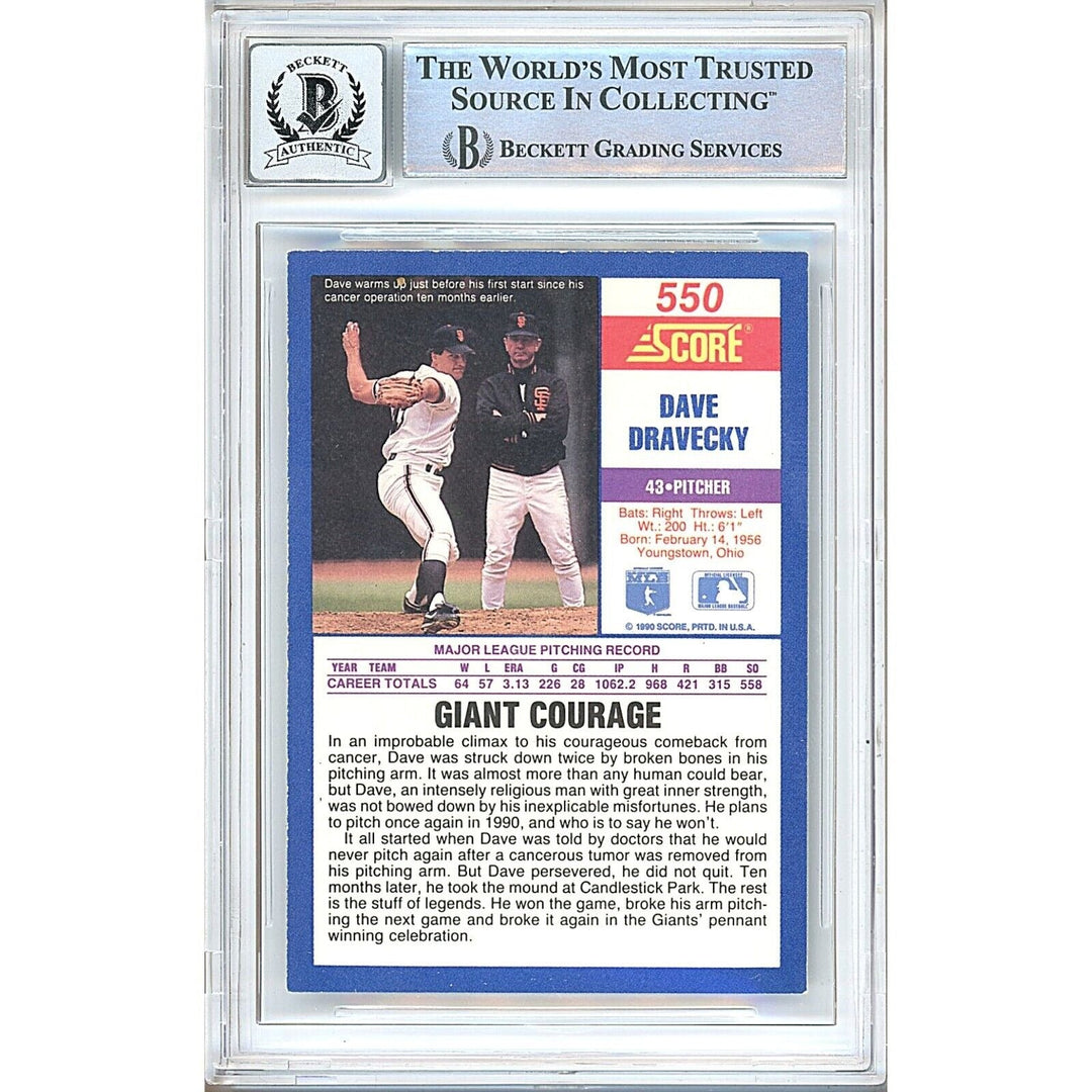 Dave Dravecky San Francisco Giants Signed 1990 Score Card BGS Auto 10 Graded Slab