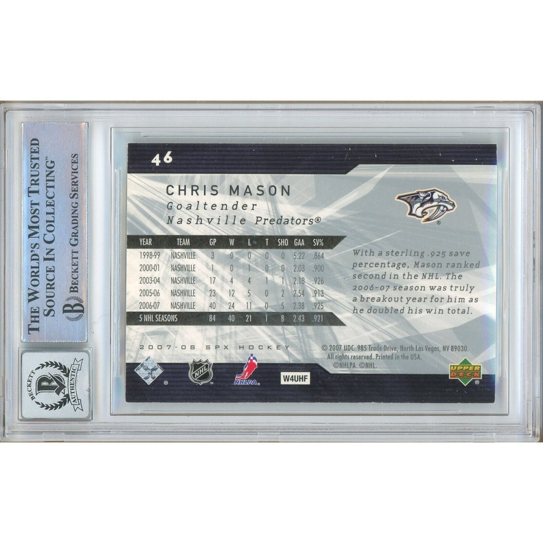 Chris Mason Nashville Predators Signed 2007-08 Spx Hockey Card BGS Auto 10 Graded
