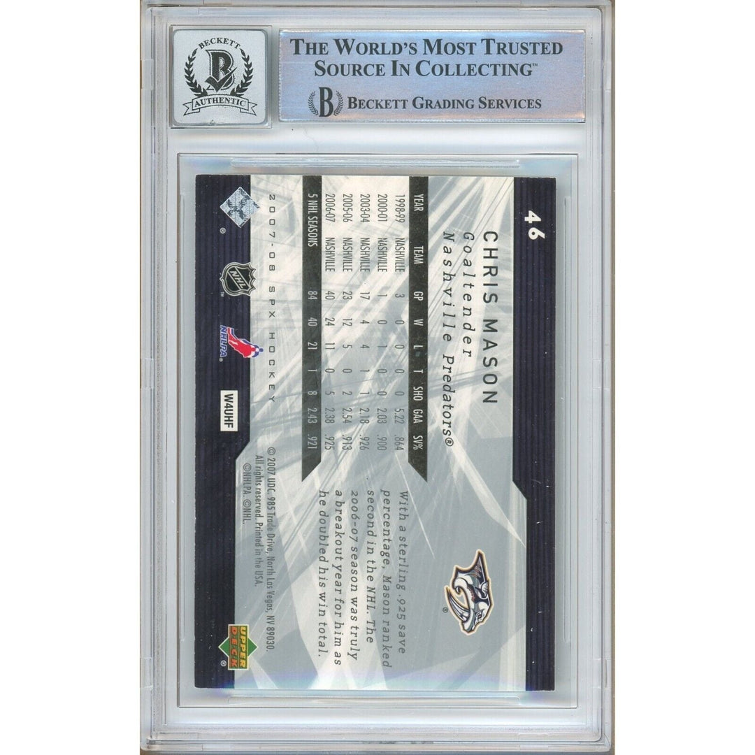 Chris Mason Nashville Predators Signed 2007-08 Spx Hockey Card BGS Auto 10 Graded