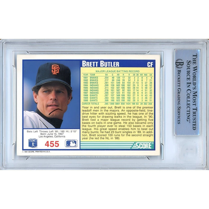 Brett Butler San Francisco Giants Signed 1991 Score Baseball Card Beckett Auth Auto Slab