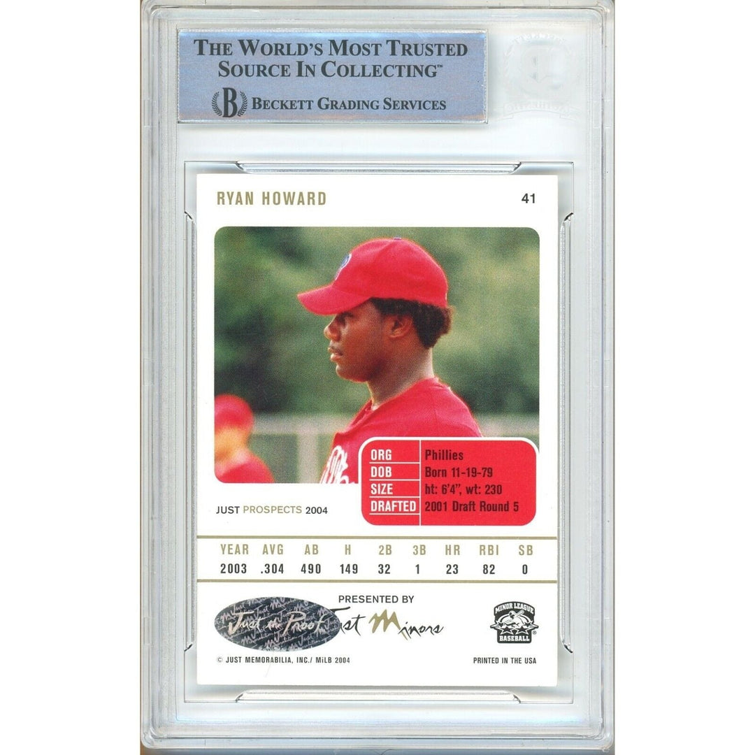 Baseballs- Autographed- Ryan Howard Philadelphia Phillies Signed 2004 Just Minors Prospects Rookie Trading Card Beckett Authentic Auto Slab Back