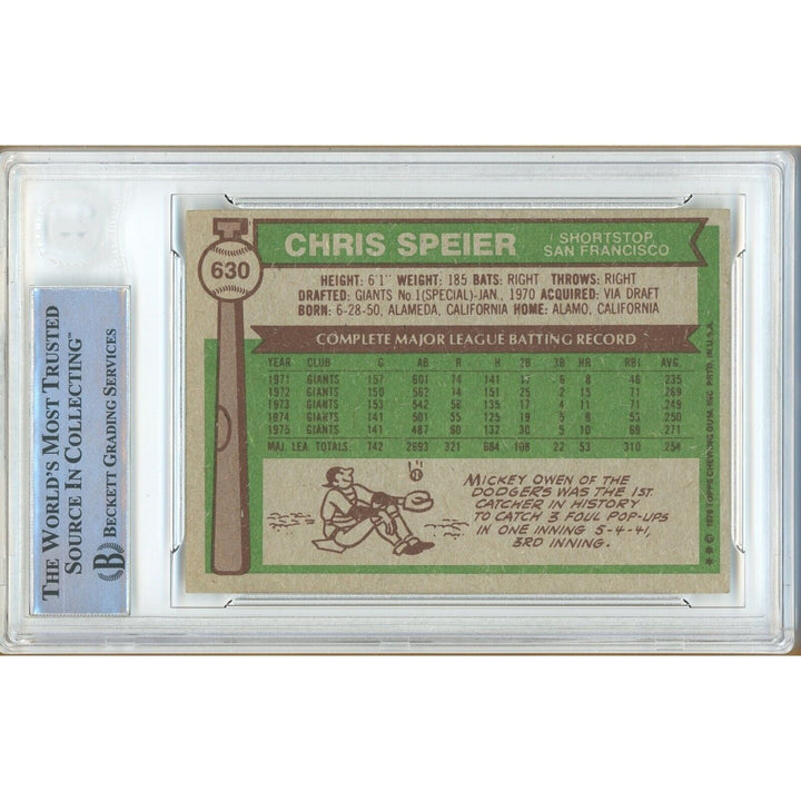 Chris Speier San Francisco Giants Signed 1976 Topps Baseball Card Beckett Auth Auto Slab