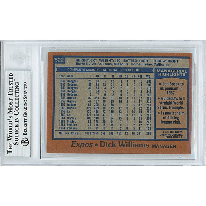 Dick Williams Montreal Expos Signed 1978 Topps Baseball Card Beckett Auth Auto Slab HOF