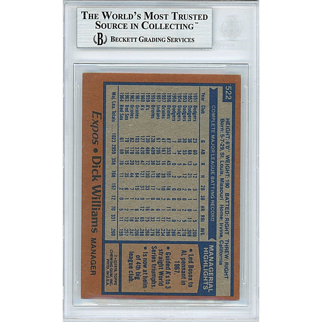 Dick Williams Montreal Expos Signed 1978 Topps Baseball Card Beckett Auth Auto Slab HOF