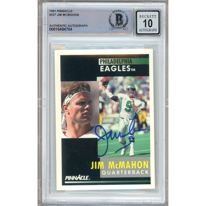 Jim McMahon Philadelphia Eagles Signed 1991 Pinnacle Card BGS Auto 10 Graded Slab