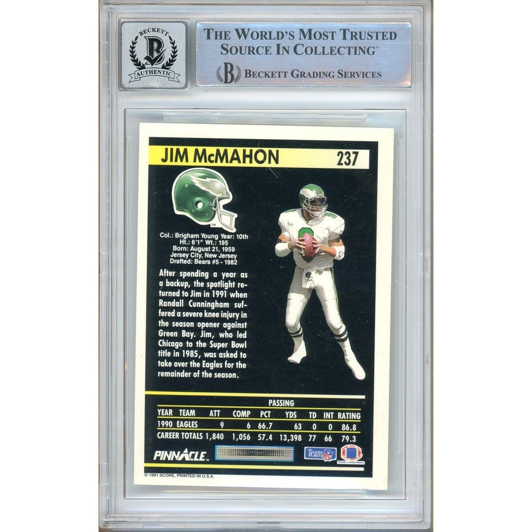 Jim McMahon Philadelphia Eagles Signed 1991 Pinnacle Card BGS Auto 10 Graded Slab