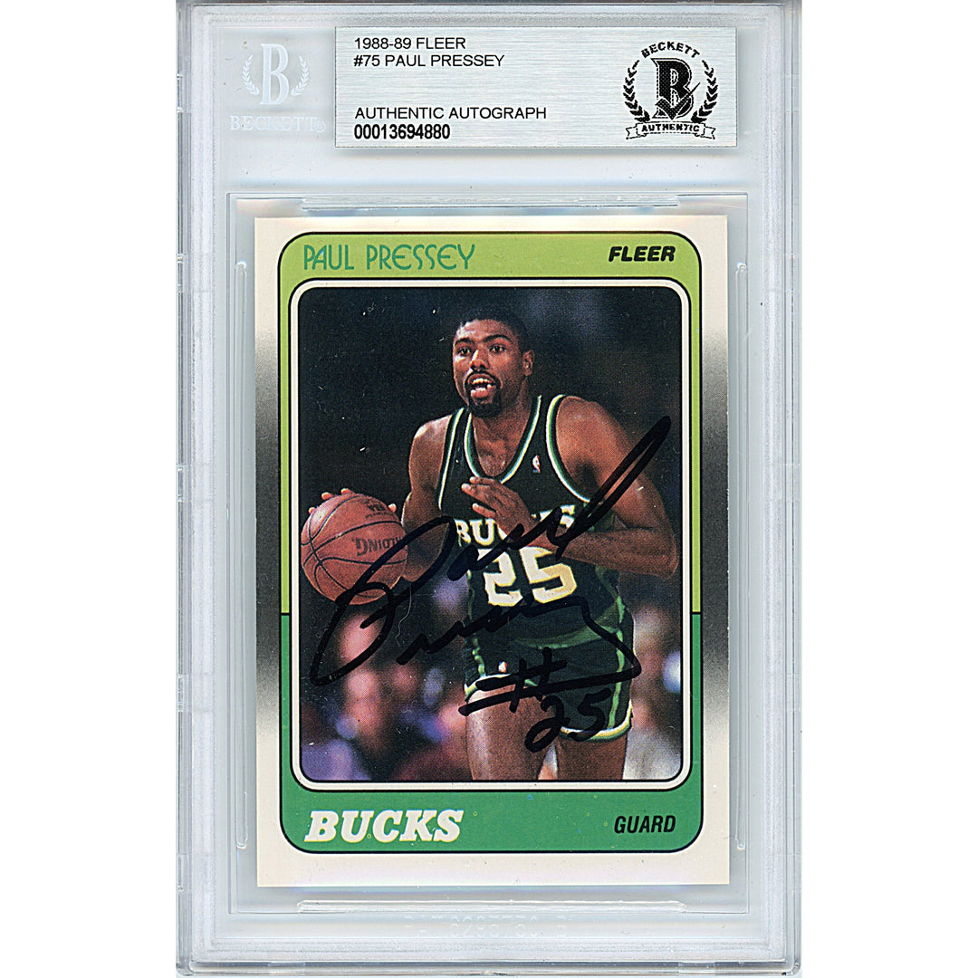 Paul Pressey Signed Milwaukee Bucks 1988-89 Fleer Basketball Card Beckett Auth Auto Slab